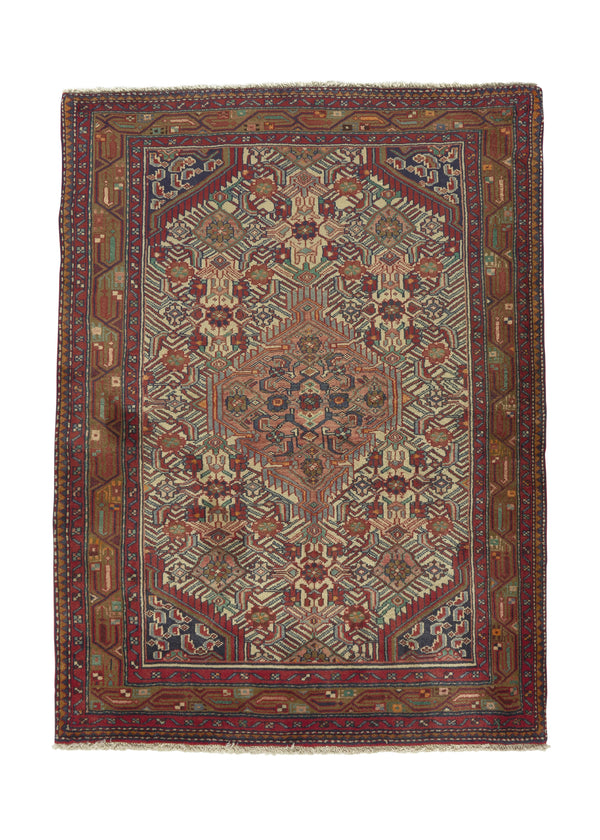 17147 Persian Rug Hamadan Handmade Area Tribal 3'7'' x 4'10'' -4x5- Red Brown Geometric Design