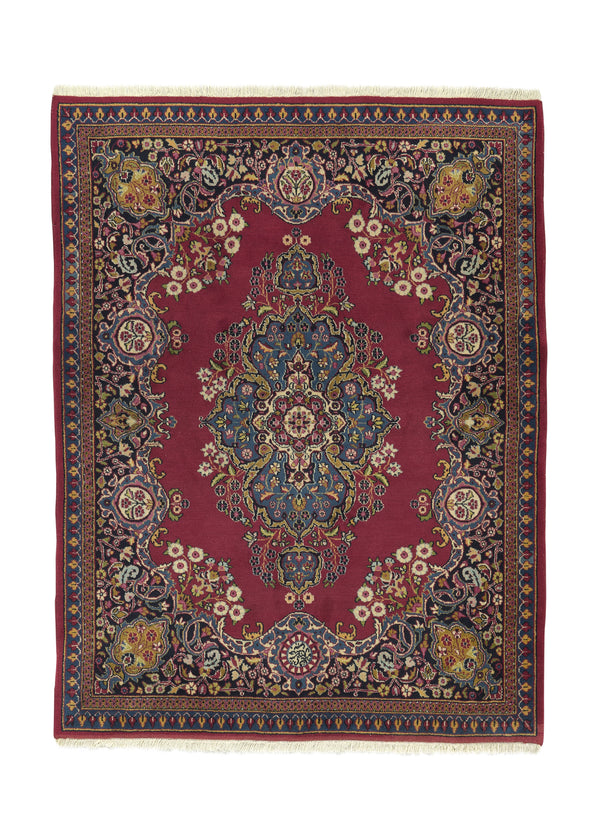 17889 Persian Rug Moud Handmade Area Traditional 4'1'' x 5'3'' -4x5- Red Blue Open Field Floral Design