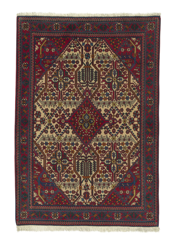18114 Persian Rug Meymeh Handmade Area Tribal Traditional 3'8'' x 5'4'' -4x5- Red Whites Beige Geometric Design