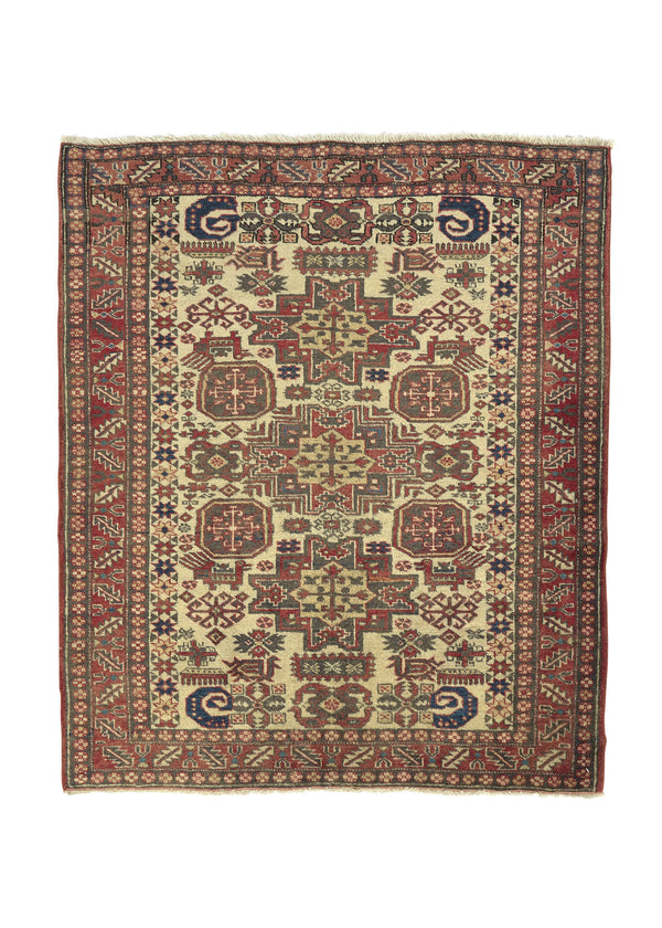 18116 Persian Rug Ardabil Handmade Area Tribal Vintage 3'1'' x 4'6'' -3x5- Whites Beige Red Geometric Design