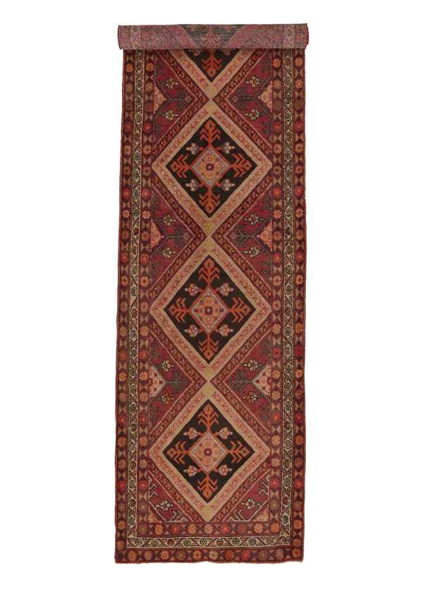 18141 Persian Rug Heriz Handmade Runner Vintage Tribal 3'4'' x 12'2'' -3x12- Red Open Field Floral Design