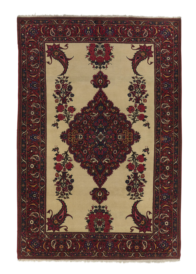 18567 Persian Rug Bakhtiari Handmade Area Tribal 7'1'' x 10'5'' -7x10- Red Whites Beige Paisley Boteh Design