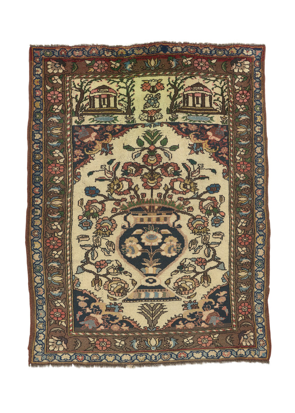 18619 Persian Rug Bakhtiari Handmade Area Traditional Tribal 4'2'' x 5'5'' -4x5- Whites Beige Brown Vase Design