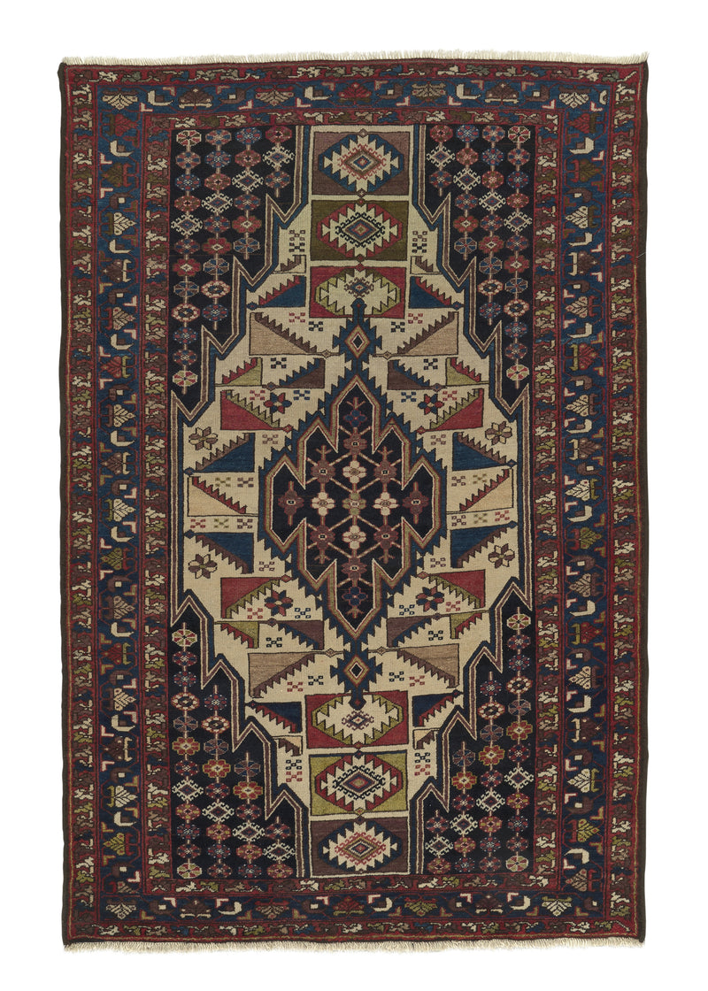 19880 Persian Rug Mazlaghan Handmade Area Antique Tribal 4'4'' x 6'6'' -4x7- Whites Beige Blue Geometric Unusual Design