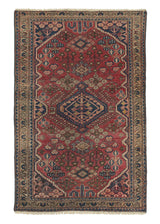 19910 Persian Rug Hamadan Handmade Area Tribal 4'3'' x 6'5'' -4x6- Red Whites Beige Geometric Design