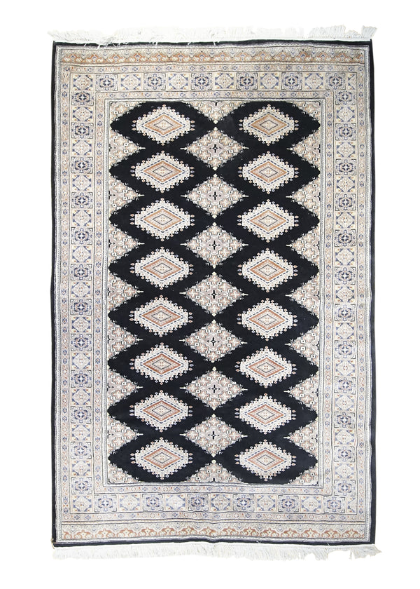 A30482 Oriental Rug Pakistani Handmade Area Tribal 5'4'' x 8'4'' -5x8- Black Whites Beige Bokhara Geometric Design