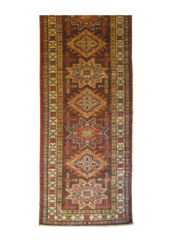 A26876 Oriental Rug Pakistani Handmade Runner Transitional Tribal 2'6'' x 9'7'' -3x10- Brown Ghazni Kazak Geometric Design