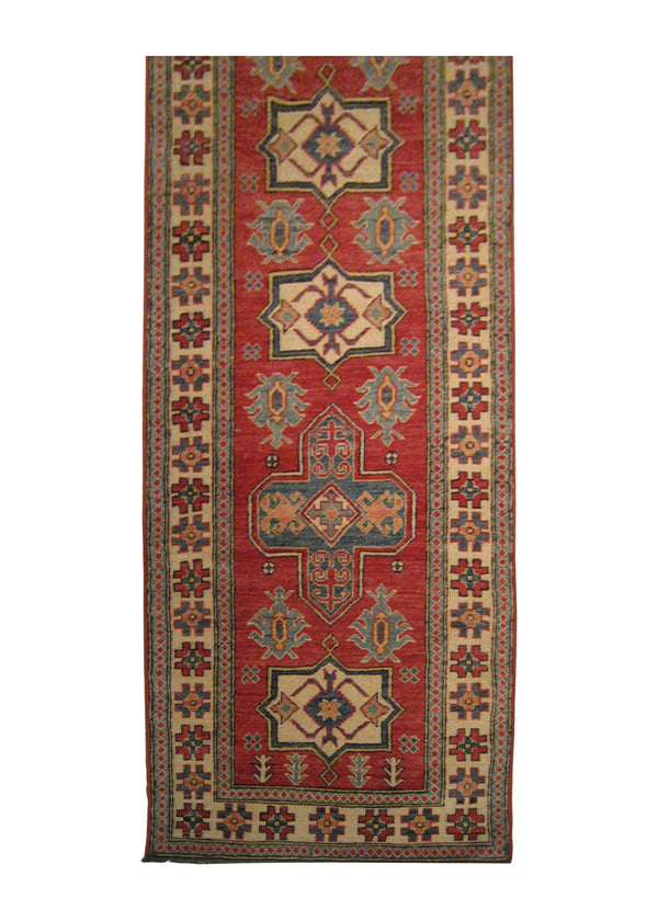 A14808 Oriental Rug Pakistani Handmade Runner Transitional Tribal 2'8'' x 11'1'' -3x11- Red Whites Beige Ghazni Kazak Geometric Design