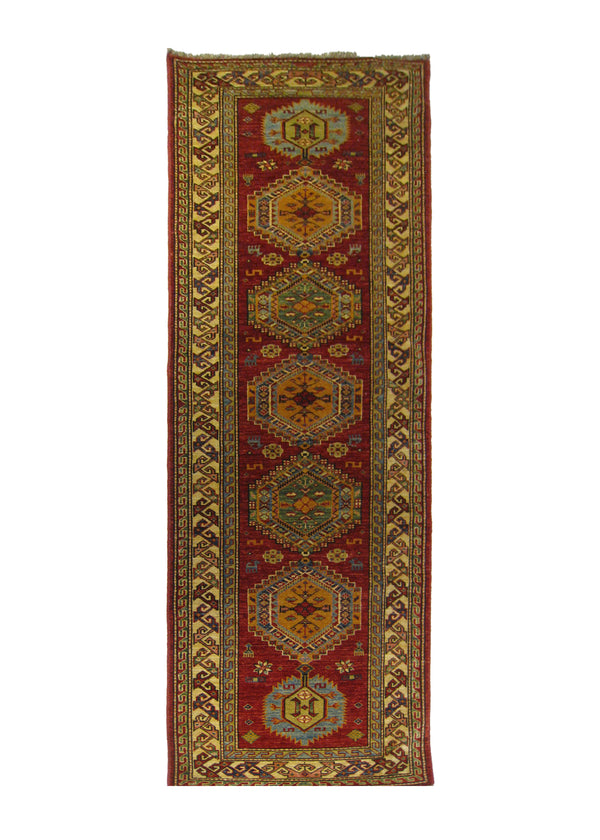 A25358 Oriental Rug Pakistani Handmade Runner Transitional Tribal 2'5'' x 7'8'' -2x8- Red Whites Beige Green Kazak Geometric Design