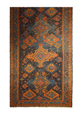 A32159 Caucasian Rug Handmade Area Antique Tribal 5'9'' x 12'3'' -6x12- Blue Orange Kilim Geometric Design