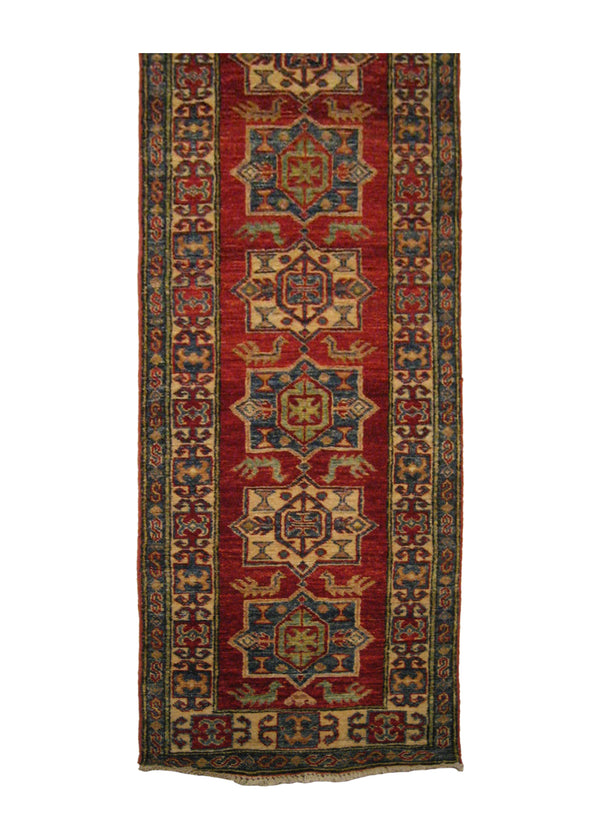 A20040 Oriental Rug Pakistani Handmade Runner Transitional Tribal 1'11'' x 6'6'' -2x7- Red Blue Ghazni Kazak Geometric Design