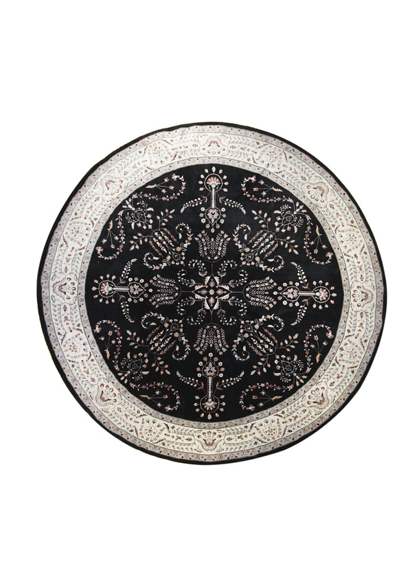 A16208 Oriental Rug Pakistani Handmade Round Transitional Traditional 10'1'' x 10'1'' -10x10- Black Whites Beige Sarouk Floral Design