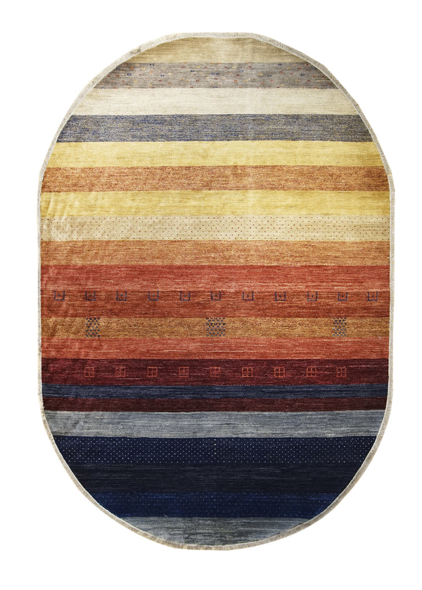 A21808 Oriental Rug Pakistani Handmade Round Transitional 6'7'' x 9'7'' -7x10- Multi-color Red Blue Oval Gabbeh Stripes Design