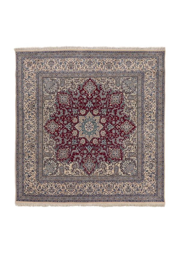 20714 Persian Rug Nain Handmade Area Square Traditional 5'3'' x 5'4'' -5x5- Red Whites Beige Blue Floral Design