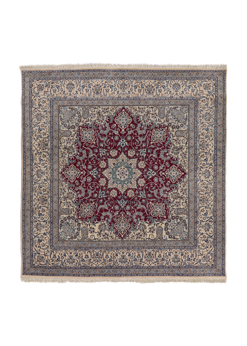 20714 Persian Rug Nain Handmade Area Square Traditional 5'3'' x 5'4'' -5x5- Red Whites Beige Blue Floral Design