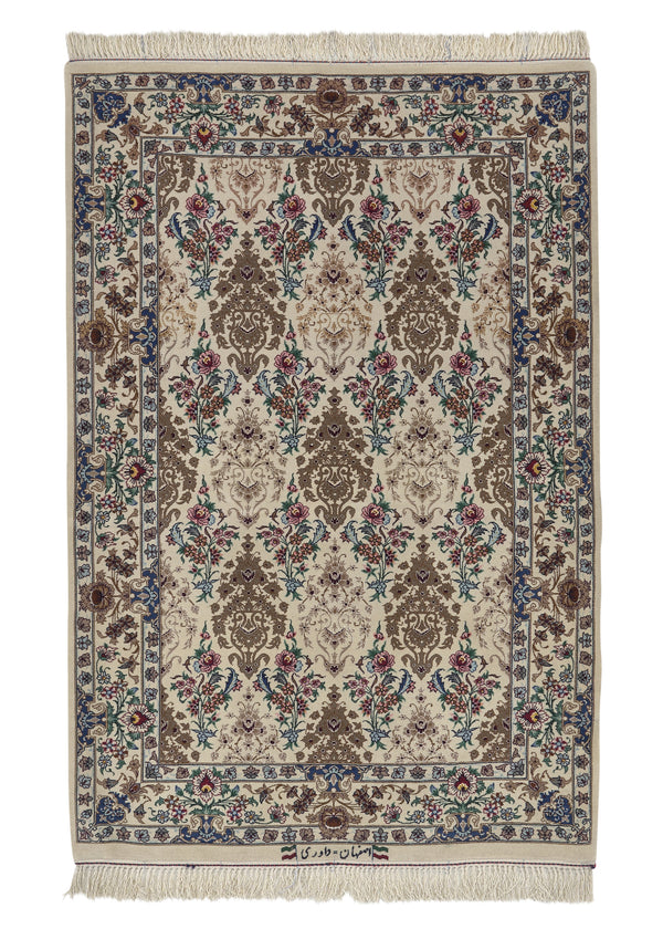 20873 Persian Rug Isfahan Handmade Area Traditional 2'11'' x 4'2'' -3x4- Whites Beige Yellow Gold Blue Floral Vase Design