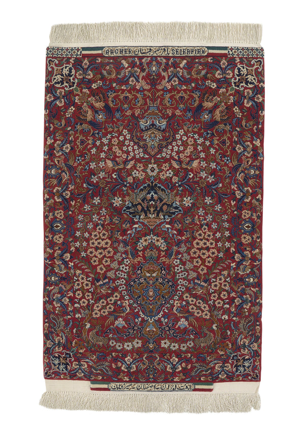 20949 Persian Rug Isfahan Handmade Area Traditional 2'2'' x 3'6'' -2x4- Red Floral Vase Animals Design