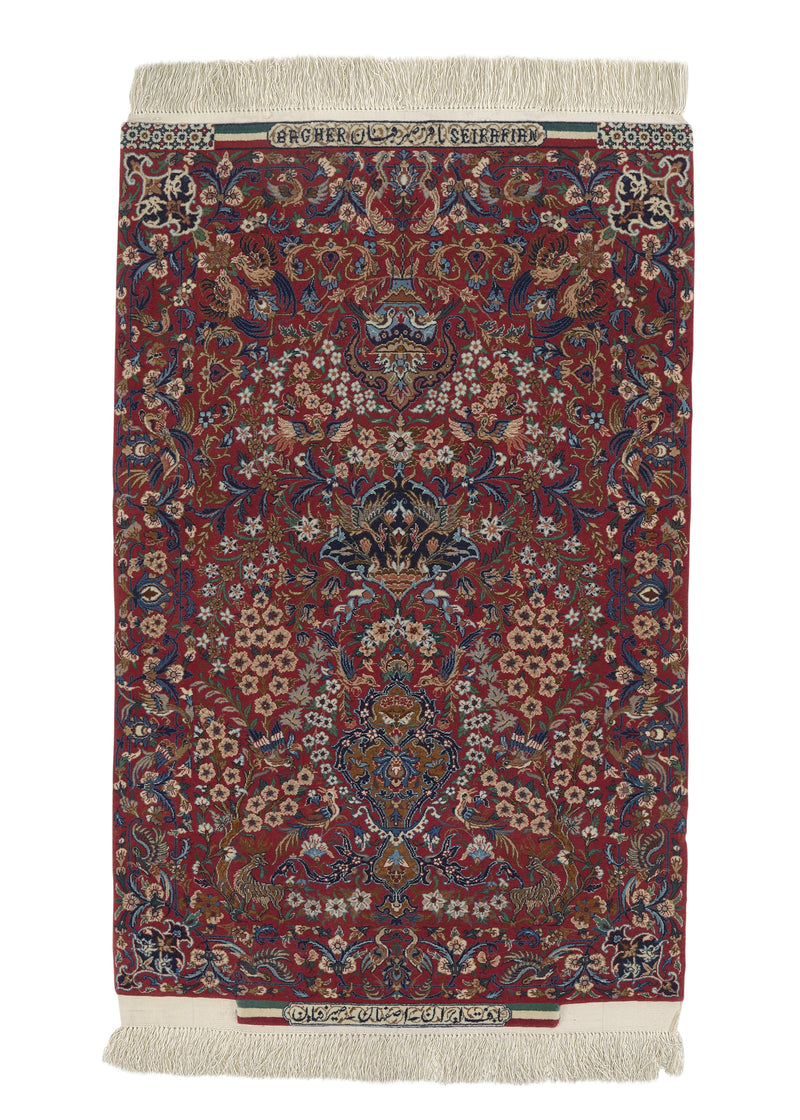 20949 Persian Rug Isfahan Handmade Area Traditional 2'2'' x 3'6'' -2x4- Red Floral Vase Animals Design