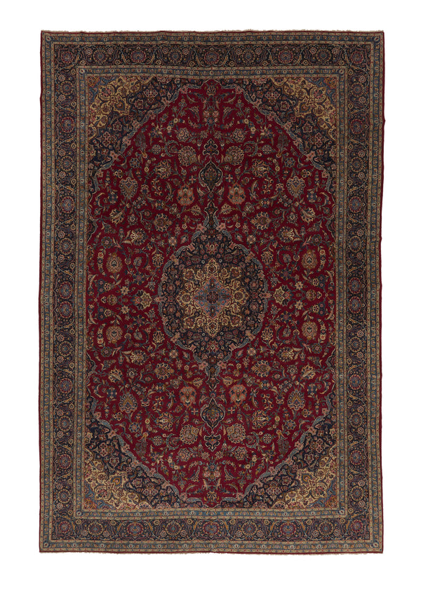 21027 Persian Rug Kashan Handmade Area Traditional 11'0'' x 17'4'' -11x17- Red Blue Toranj Mehrab Floral Design