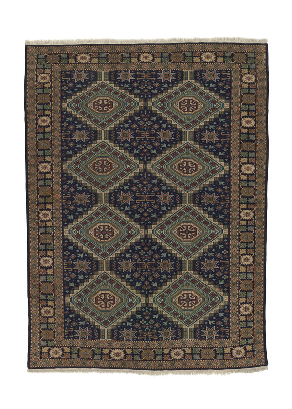 21129 Persian Rug Ardabil Handmade Area Tribal Vintage 4'8'' x 6'5'' -5x6- Blue Green Brown Geometric Design