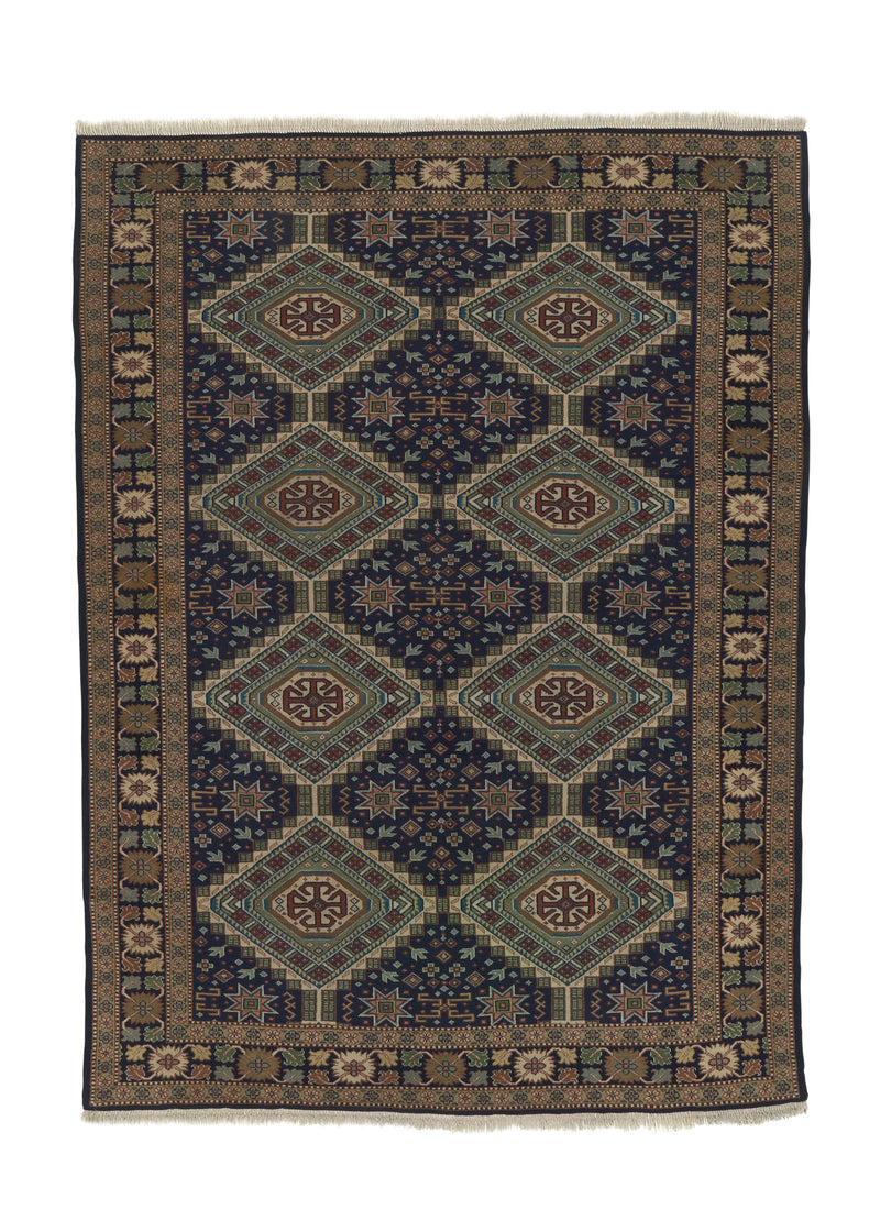 21129 Persian Rug Ardabil Handmade Area Tribal Vintage 4'8'' x 6'5'' -5x6- Blue Green Brown Geometric Design