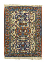 21145 Persian Rug Ardabil Handmade Area Tribal 3'9'' x 5'1'' -4x5- Orange Blue Whites Beige Geometric Design