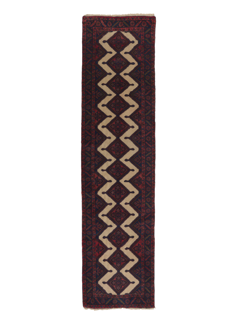 21155 Persian Rug Hamadan Handmade Runner Tribal 3'1'' x 12'2'' -3x12- Red Blue Whites Beige Open Field Geometric Design