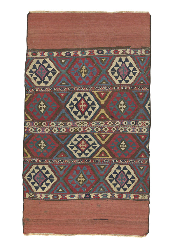 21431 Caucasian Rug Shirvan Handmade Area Antique Tribal 3'0'' x 3'7'' -3x4- Multi-color Kilim Geometric Saddle Blanket Design