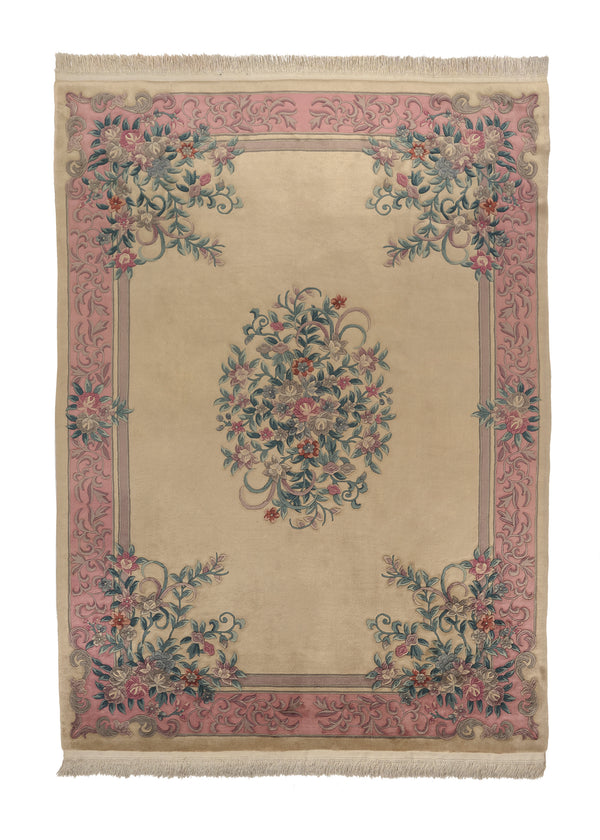 21500 Oriental Rug Chinese Handmade Area Traditional 8'8'' x 11'11'' -9x12- Whites Beige Pink Carved Open Field Floral Design