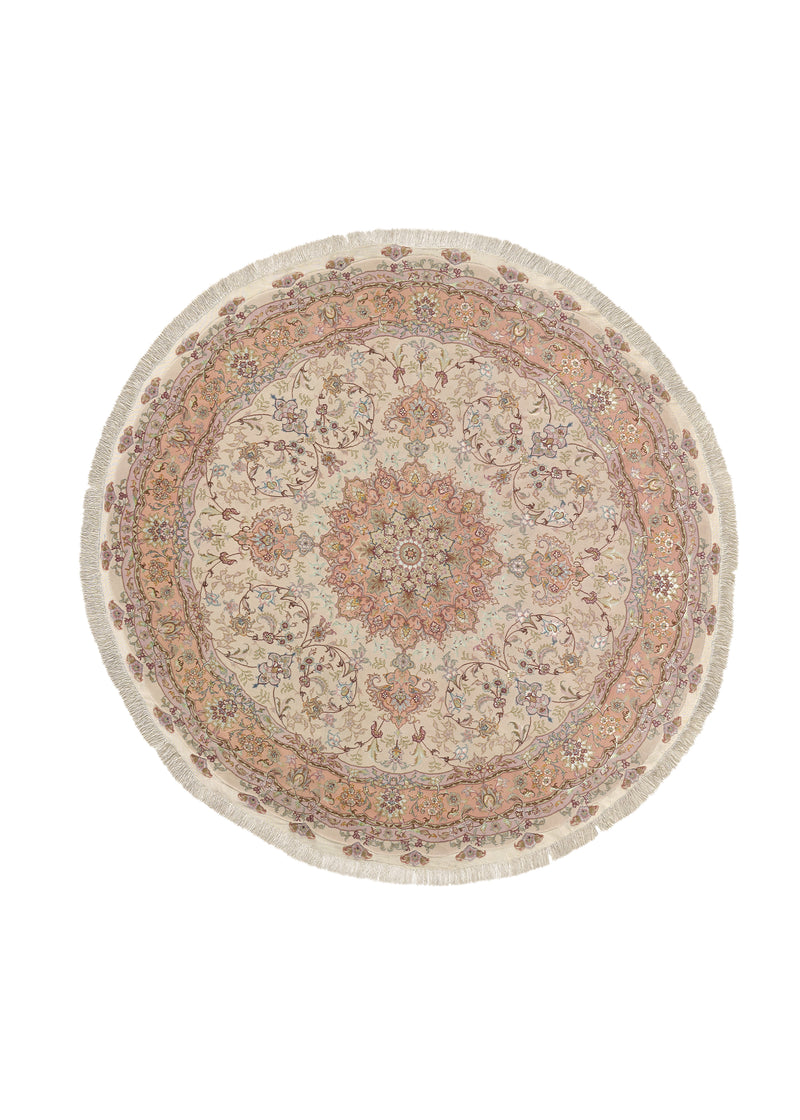 22087 Persian Rug Tabriz Handmade Round Traditional 6'7'' x 6'7'' -7x7- Pink Whites Beige Naghsh Floral Design
