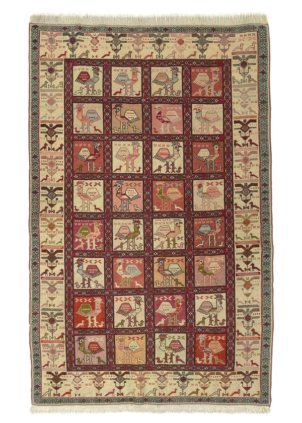 22467 Persian Rug Azerbaijan Handmade Area Tribal 4'2'' x 6'5'' -4x6- Yellow Gold Whites Beige Red Garden Animals Design