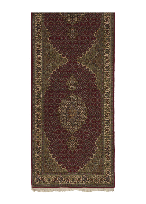 22521 Persian Rug Tabriz Handmade Runner Traditional 3'4'' x 10'0'' -3x10- Red Green Mahi Fish Design
