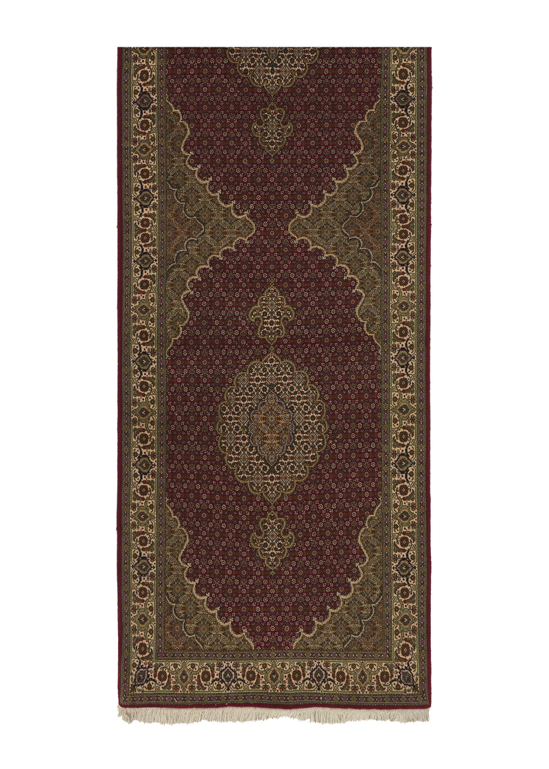 22521 Persian Rug Tabriz Handmade Runner Traditional 3'4'' x 10'0'' -3x10- Red Green Mahi Fish Design