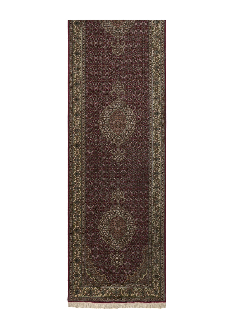 22528 Persian Rug Tabriz Handmade Runner Traditional 2'9'' x 13'2'' -3x13- Red Green Mahi Fish Design