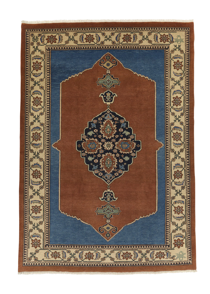 22669 Persian Rug Tabriz Handmade Area Traditional 6'6'' x 9'3'' -7x9- Orange Blue Haji Jalili Design