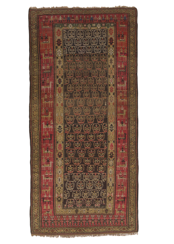 22724 Persian Rug Kurdistan Handmade Area Runner Antique Tribal 4'0'' x 8'3'' -4x8- Brown Yellow Gold Red Geometric Animals Design