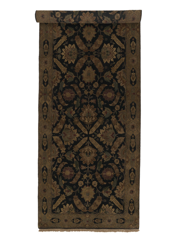 22978 Oriental Rug Indian Handmade Runner Transitional 5'2'' x 13'1'' -5x13- Black Yellow Gold Jaipur Floral Design