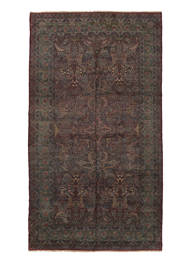 23135 Persian Rug Lavar Kerman Handmade Area Antique Traditional 10'2'' x 18'0'' -10x18- Red Blue Floral Design