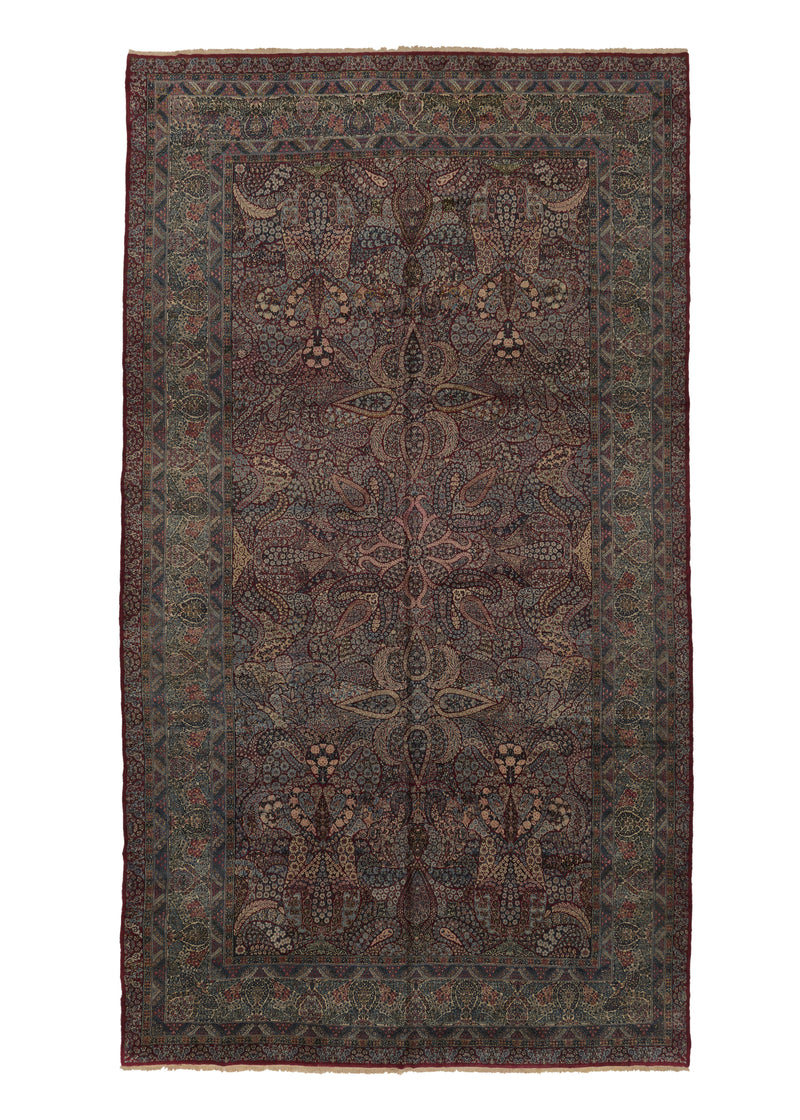 23135 Persian Rug Lavar Kerman Handmade Area Antique Traditional 10'2'' x 18'0'' -10x18- Red Blue Floral Design
