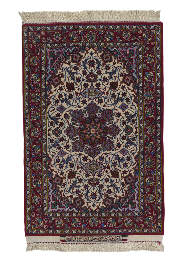 23215 Persian Rug Isfahan Handmade Area Traditional 2'4'' x 3'6'' -2x4- Red Whites Beige Green Floral Design