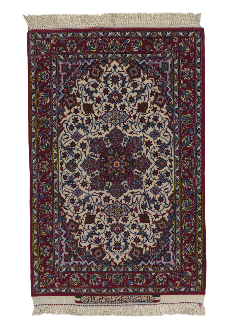 23215 Persian Rug Isfahan Handmade Area Traditional 2'4'' x 3'6'' -2x4- Red Whites Beige Green Floral Design