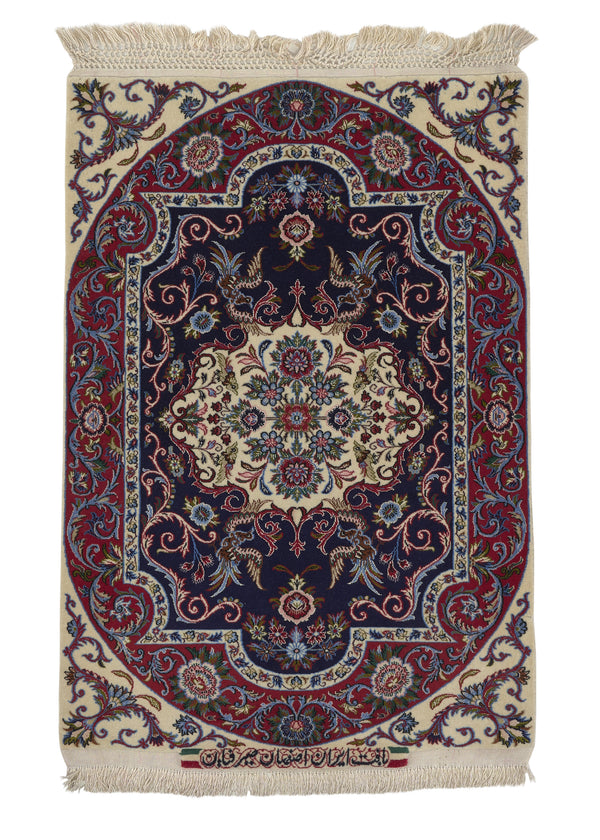 23233 Persian Rug Isfahan Handmade Area Traditional 2'4'' x 3'4'' -2x3- Whites Beige Red Geometric Design
