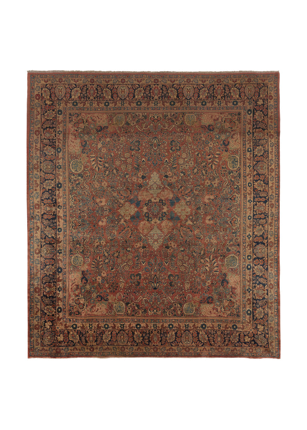 23247 Persian Rug Sarouk Handmade Area Traditional Vintage 11'2'' x 12'5'' -11x12- Red Blue Floral Design