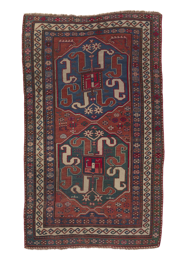23404 Caucasian Rug Kazak Handmade Area Antique Tribal 4'6'' x 7'7'' -5x8- Red Blue Geometric Design