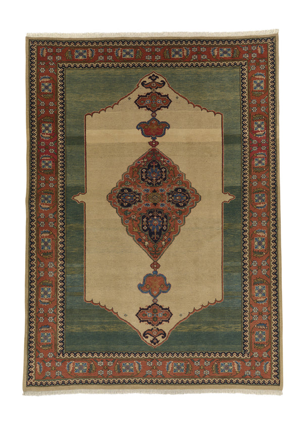 23485 Persian Rug Ardabil Handmade Area Tribal 7'0'' x 9'7'' -7x10- Green Whites Beige Floral Haji Jalili Design