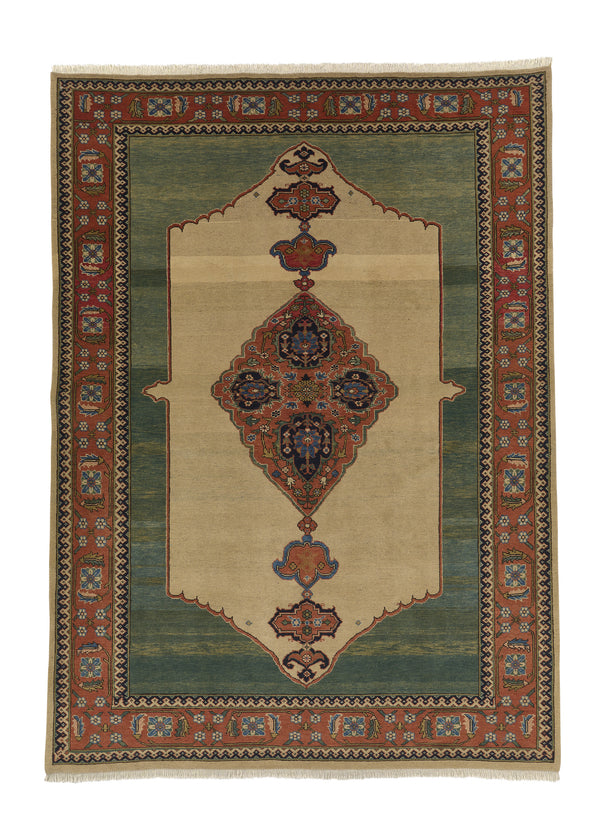 23485 Persian Rug Ardabil Handmade Area Tribal 7'0'' x 9'7'' -7x10- Green Whites Beige Floral Haji Jalili Design