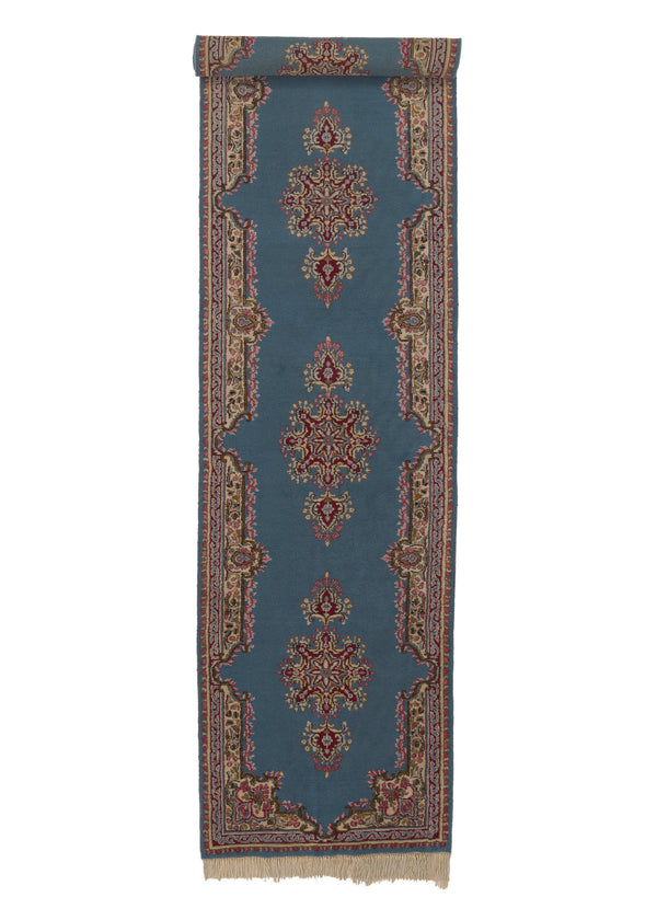 2396 Persian Rug Kerman Handmade Runner Traditional 3'2'' x 12'10'' -3x13- Blue Pink Open Field Floral Design
