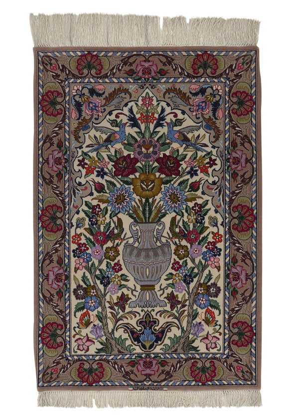 24098 Persian Rug Isfahan Handmade Area Traditional 2'4'' x 3'6'' -2x4- Whites Beige Multi-color Floral Vase Design