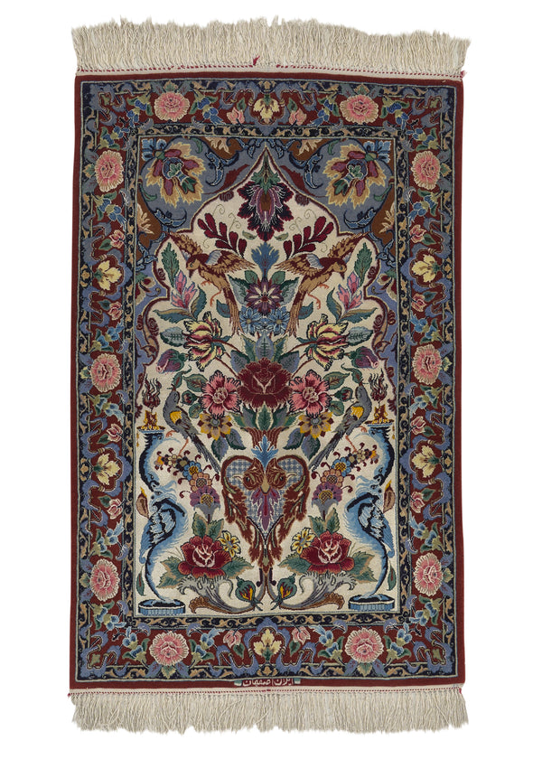 24100 Persian Rug Isfahan Handmade Area Traditional 2'3'' x 3'5'' -2x3- Red Pink Blue Vase Animals Design