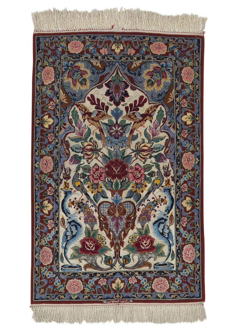 24100 Persian Rug Isfahan Handmade Area Traditional 2'3'' x 3'5'' -2x3- Red Pink Blue Vase Animals Design
